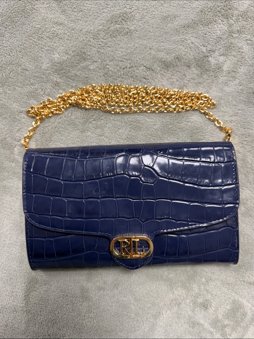Lauren Ralph Lauren Blue Croc-Embossed Crossbody with Gold Chain